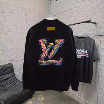 New Men‘s LV Big Logo Casual Black Long Sleeve T-shirt Size L/M