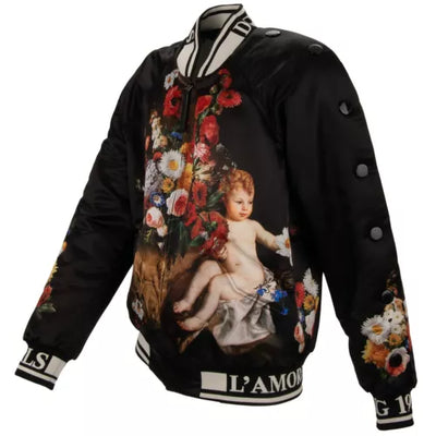 DOLCE & GABBANA Oversize Baroque Angel Flower Print Stuffed Bomber Jacket Black