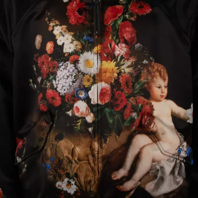 DOLCE & GABBANA Oversize Baroque Angel Flower Print Stuffed Bomber Jacket Black