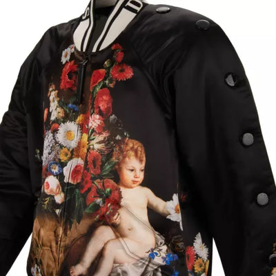 DOLCE & GABBANA Oversize Baroque Angel Flower Print Stuffed Bomber Jacket Black