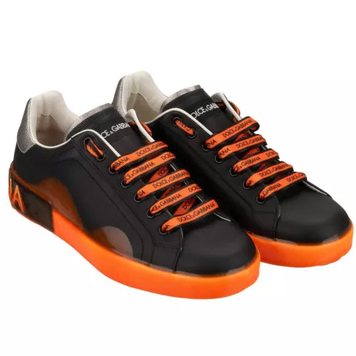 DOLCE & GABBANA DG Logo Man Sneaker Shoes PORTOFINO Black Neon Orange Silver