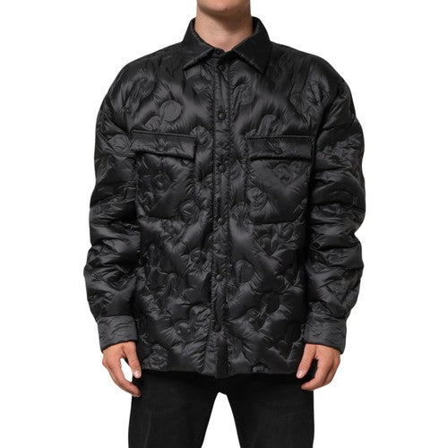 Black quilted jacket with pattern on a white background