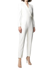 White jumpsuit worn by a person on a white background