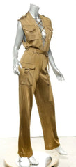 Tan jumpsuit with multiple pockets on a mannequin against a white background