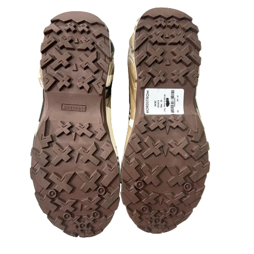 Brown shoe soles with tread pattern on a light wooden floor