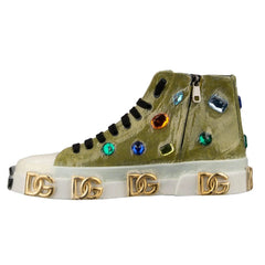 High-top sneaker with gemstones and brand logo on a white background