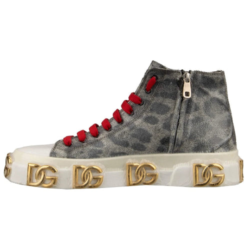 High-top sneaker with red laces and gold logo on a white background