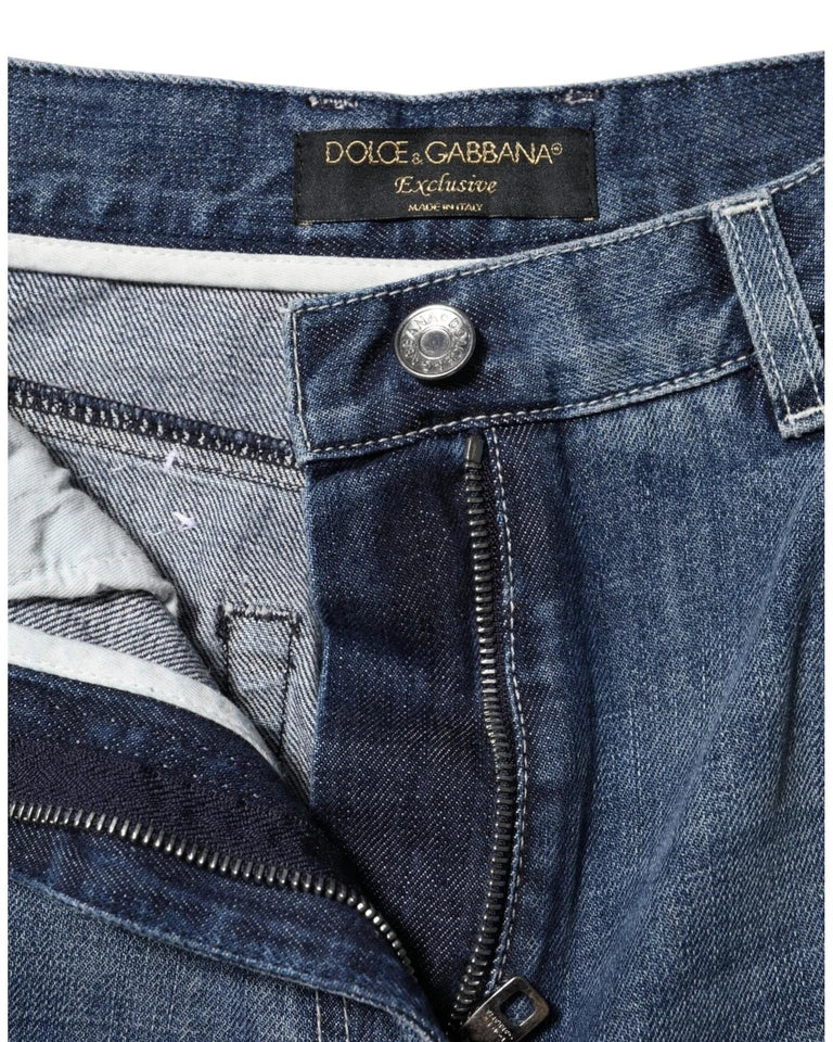 Close-up of blue denim jeans with Dolce & Gabbana label