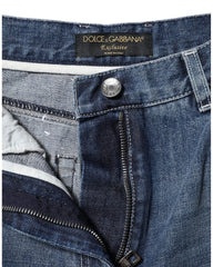Close-up of blue denim jeans with Dolce & Gabbana label