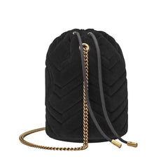 Black quilted drawstring bag with gold chain on a white background