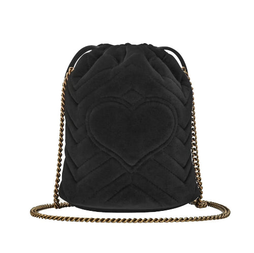 Black quilted drawstring bag with gold chain on a white background
