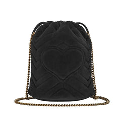 Black quilted drawstring bag with gold chain on a white background