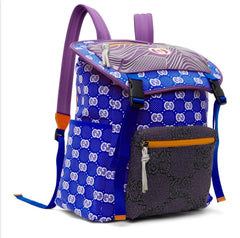 Multicolored backpack with a blue pattern on a white background