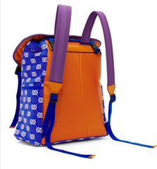 Multicolored backpack with blue patterned side panel on a white background