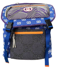 Designer backpack with blue and gray pattern on a neutral background