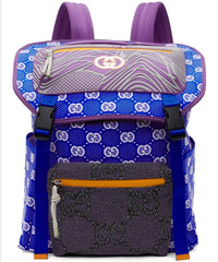 Backpack with blue and purple pattern on a white background