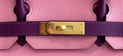 Close-up of a pink handbag with a gold clasp and purple accents.