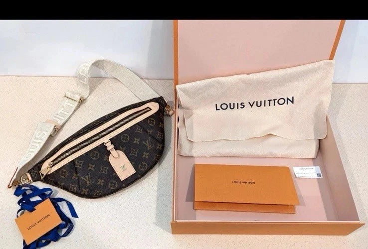Louis Vuitton waist bag with monogram pattern and branded pouch on a light background