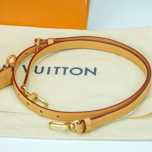 Louis Vuitton leather strap with gold hardware on a branded Louis Vuitton bag.