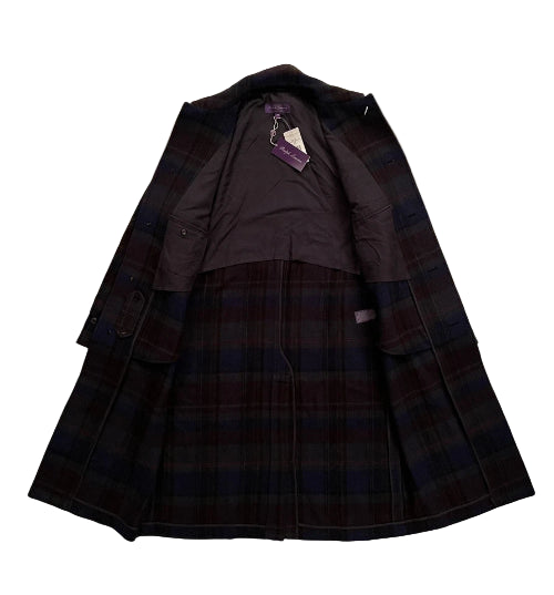 Plaid coat with tags on a beige background