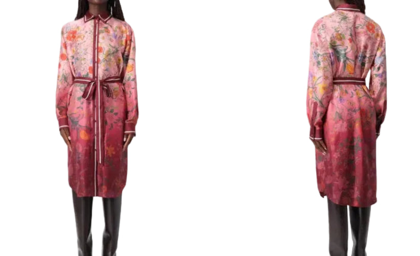 A long-sleeve collared dress with a floral print in pink, red, orange, and yellow tones, shown from both the front and back views on a mannequin against a light gray background.