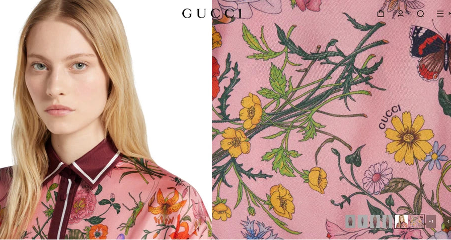 Gucci pink floral shirt with a model on the left and a close-up of the pink fabric pattern on the right, featuring yellow flowers, green leaves, and butterflies.