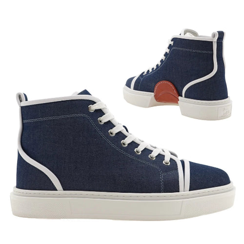 A pair of high-top canvas sneakers in navy blue with white laces, white piping, and white soles. One shoe is shown from a side profile view, and the other is shown from a rear three-quarter view highlighting the side heel detail.