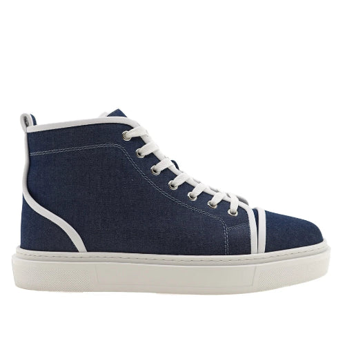 A single high-top sneaker in navy blue canvas with white laces, white trim, and a thick white sole, shown from a side profile on a white background.