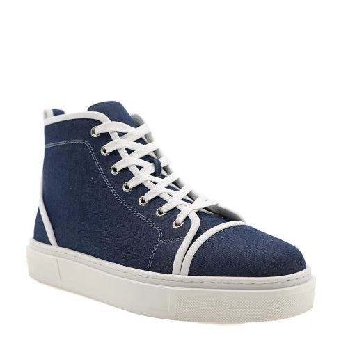 A navy blue high-top canvas sneaker with white laces and a thick white rubber sole, shown from a three-quarters angle against a white background.