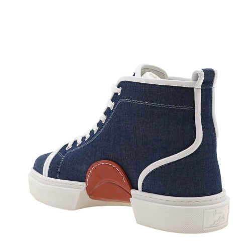 A navy blue high-top sneaker with white laces, a white rubber sole, and a contrasting orange-red heel accent, shown from a side profile view on a white background.