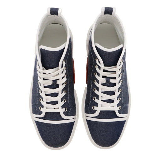 A pair of high-top canvas sneakers shown from a top-down view. The shoes feature a dark blue denim-like upper, white laces, white trim around the toe and collar, and a white rubber sole.
