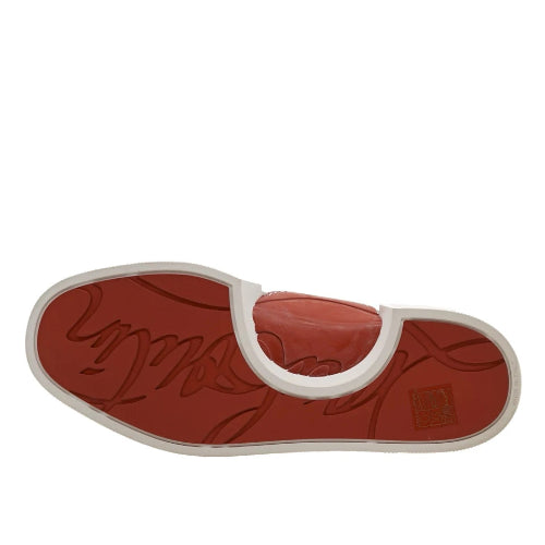 A single red thong-style sandal shown from a top-down view, featuring a red footbed with embossed script and a white trim around the strap and edge.
