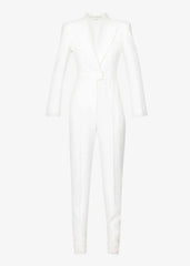 White suit jacket and pants on a white background