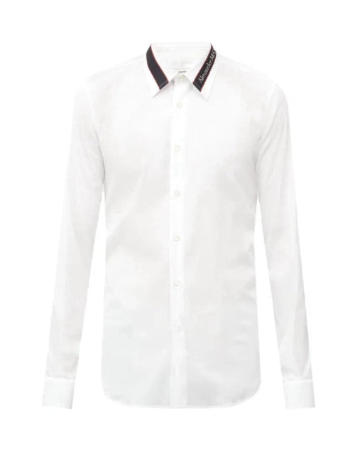 White shirt with black collar on a white background