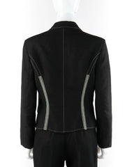 A black leather jacket with silver zipper accents on the sides, shown on a headless mannequin against a white background.