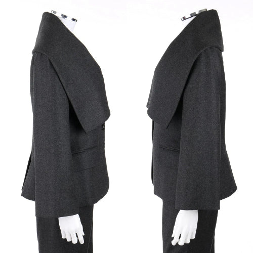 A dark charcoal gray wrap-style blazer displayed on a mannequin from both the side and back views against a plain white background.