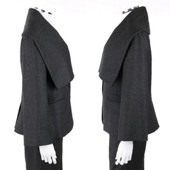 A dark charcoal gray wrap-style blazer displayed on a mannequin from both the side and back views against a plain white background.