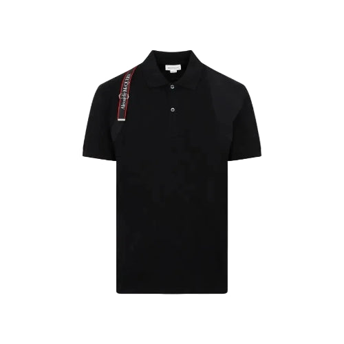 Black polo shirt with a strap on a light gray background