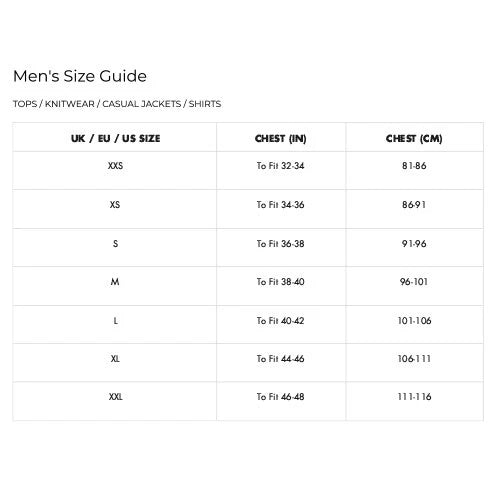 Men's size guide chart for tops, knitwear, casual jackets, and shirts.
