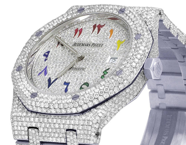 Luxury watch with diamond-studded case and colorful hour markers, brand 'Audemars Piguet' visible.