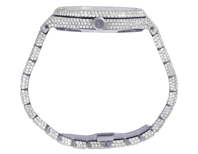 Luxury watch with diamond-studded case on a white background