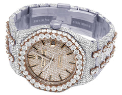 Luxury watch with diamond-studded band on a white background
