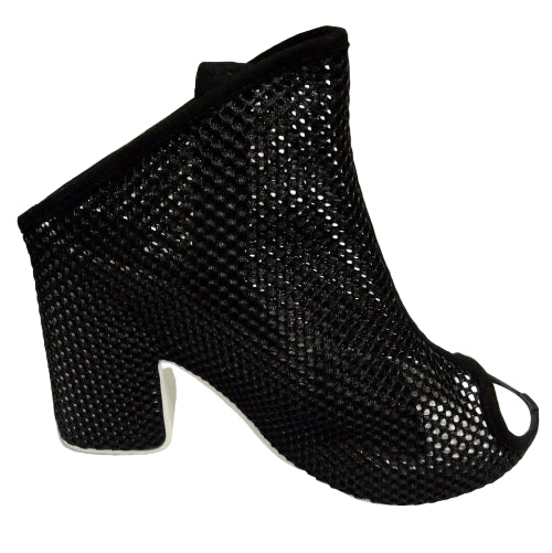Black open-toe shoe with mesh design on a white background
