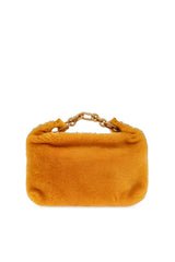 A small rectangular faux fur clutch bag in a warm mustard yellow color, featuring a gold-tone chain link handle, set against a plain white background.