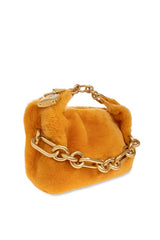 A small mustard yellow faux fur shoulder bag with a gold chain strap, shown against a plain white background.