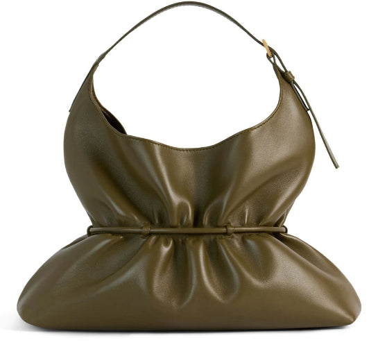 An olive green leather shoulder bag with a gathered, slouchy silhouette, a thin shoulder strap, and a matching leather tie detail on a white background.