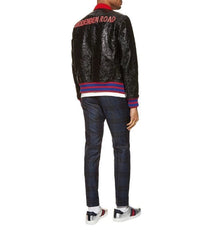 Gucci ‘Biddenden Road’ Crackled Goat Leather Web Bomber Jacket