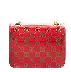 Red handbag with gold logo pattern on a white background