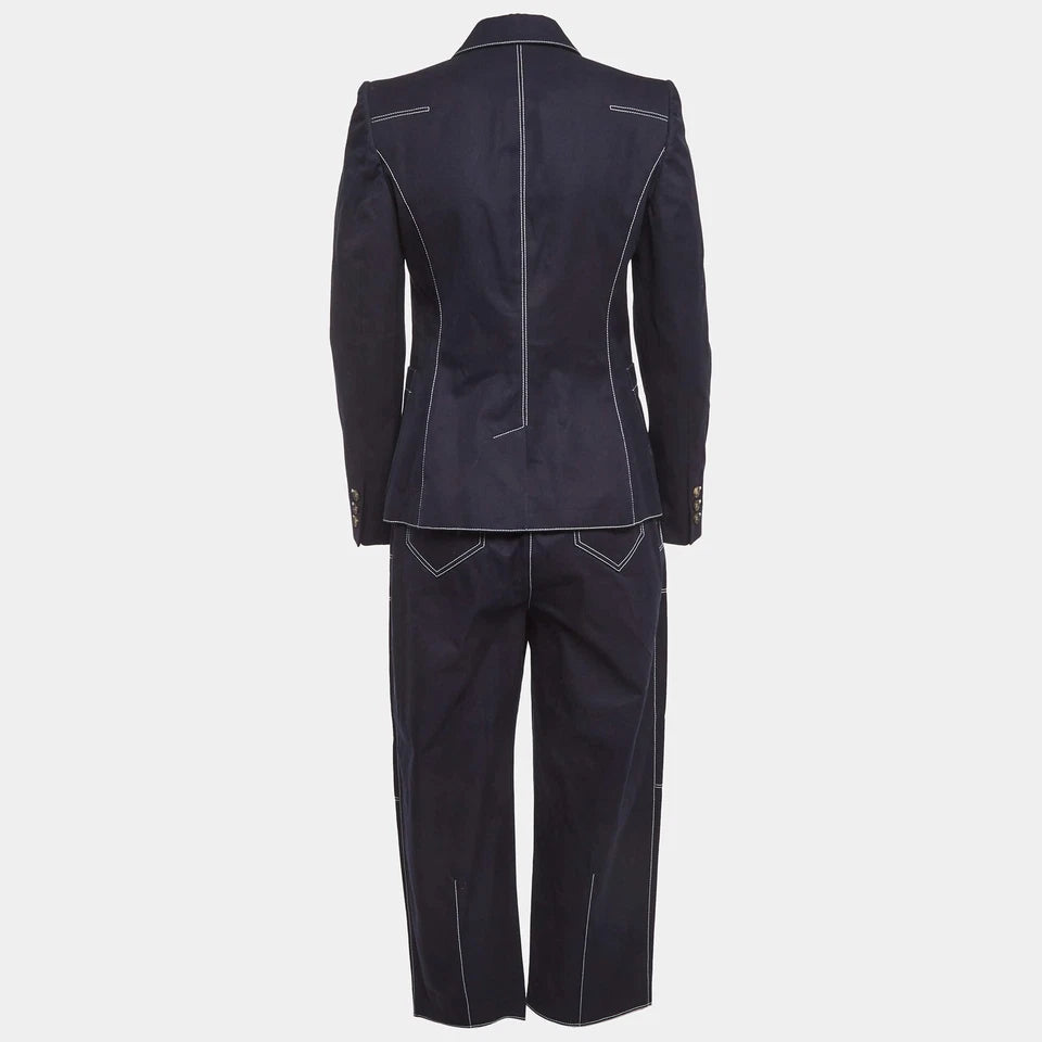 Alexander McQueen Navy Blue Denim Contrast Stitch Pant Suit