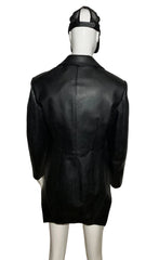 Black leather jacket on a mannequin against a plain background